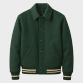 Premium Custom Wool Varsity Jacket – Green Leather Sleeves Embroidered Letterman Style Jacket