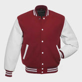 Men’s Red Wool Varsity Jacket with White Leather Sleeves | Sialfit Letterman Jacket