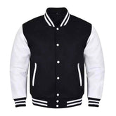 SialFit Men’s Black and White Varsity Letterman Jacket – Wool Body with Genuine Leather Sleeves
