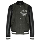 MCM Varsity Jacket Men’s Black Stadium Bomber Coat – Vintage Designer Logo Streetwear Jacket (Wool Body & Leather Sleeves)