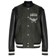MCM Varsity Jacket Men’s Black Stadium Bomber Coat – Vintage Designer Logo Streetwear Jacket (Wool Body & Leather Sleeves)