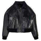 Avirex Women’s Cropped Black Leather Bomber Jacket – Genuine Cowhide Varsity Streetwear