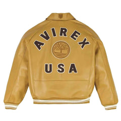 Avirex USA Bomber Leather Jacket Camel Brown | Genuine Cowhide Vintage Varsity Streetwear Jacket for Him & Her