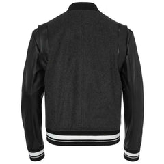 MCM Varsity Jacket Men’s Black Stadium Bomber Coat – Vintage Designer Logo Streetwear Jacket (Wool Body & Leather Sleeves)