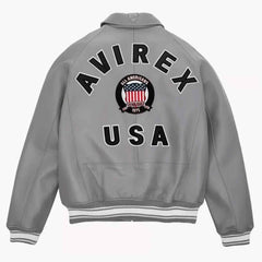 Avirex USA Men’s Gray Bomber Leather Jacket – Genuine Cowhide Varsity Biker Streetwear, Perfect Gift
