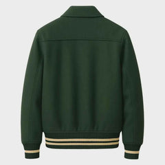 Premium Custom Wool Varsity Jacket – Green Leather Sleeves Embroidered Letterman Style Jacket