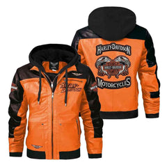 Handmade Men’s H-D Motorcycle Jacket – Genuine Cowhide Leather, Embroidery Design, Wool Hood Biker Jacket