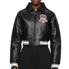 Avirex USA Cropped Icon Black Leather Jacket for Women – Genuine Cowhide Varsity Bomber Streetwear