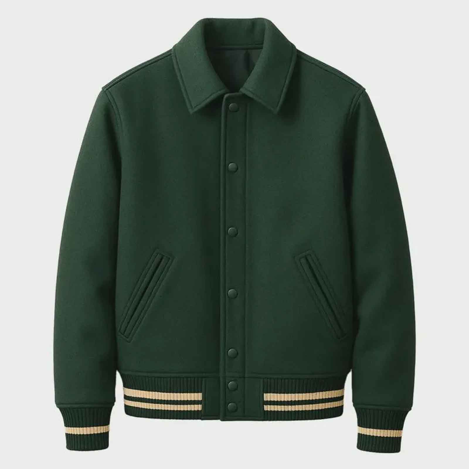 Premium Custom Wool Varsity Jacket – Green Leather Sleeves Embroidered Letterman Style Jacket