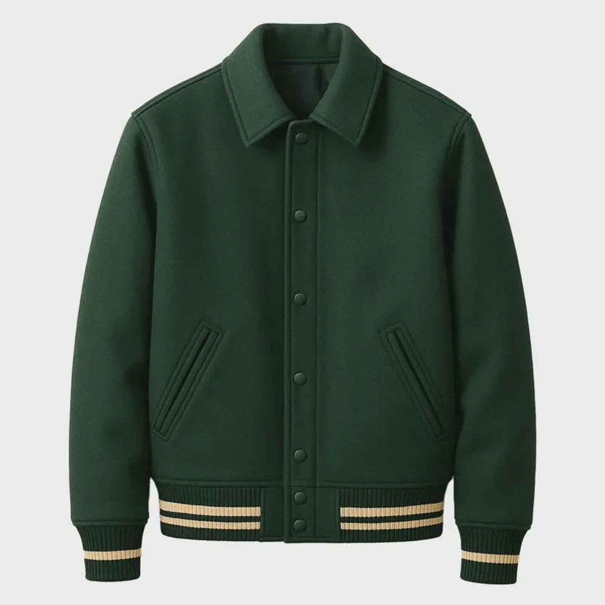 Premium Custom Wool Varsity Jacket – Green Leather Sleeves Embroidered Letterman Style Jacket