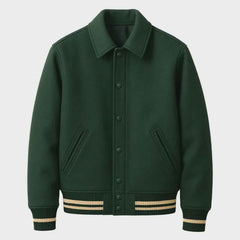 Premium Custom Wool Varsity Jacket – Green Leather Sleeves Embroidered Letterman Style Jacket