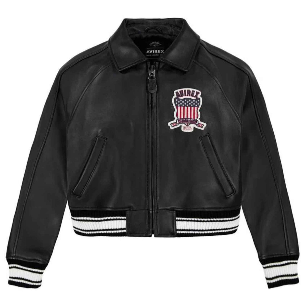Avirex USA Cropped Icon Black Leather Jacket for Women – Genuine Cowhide Varsity Bomber Streetwear