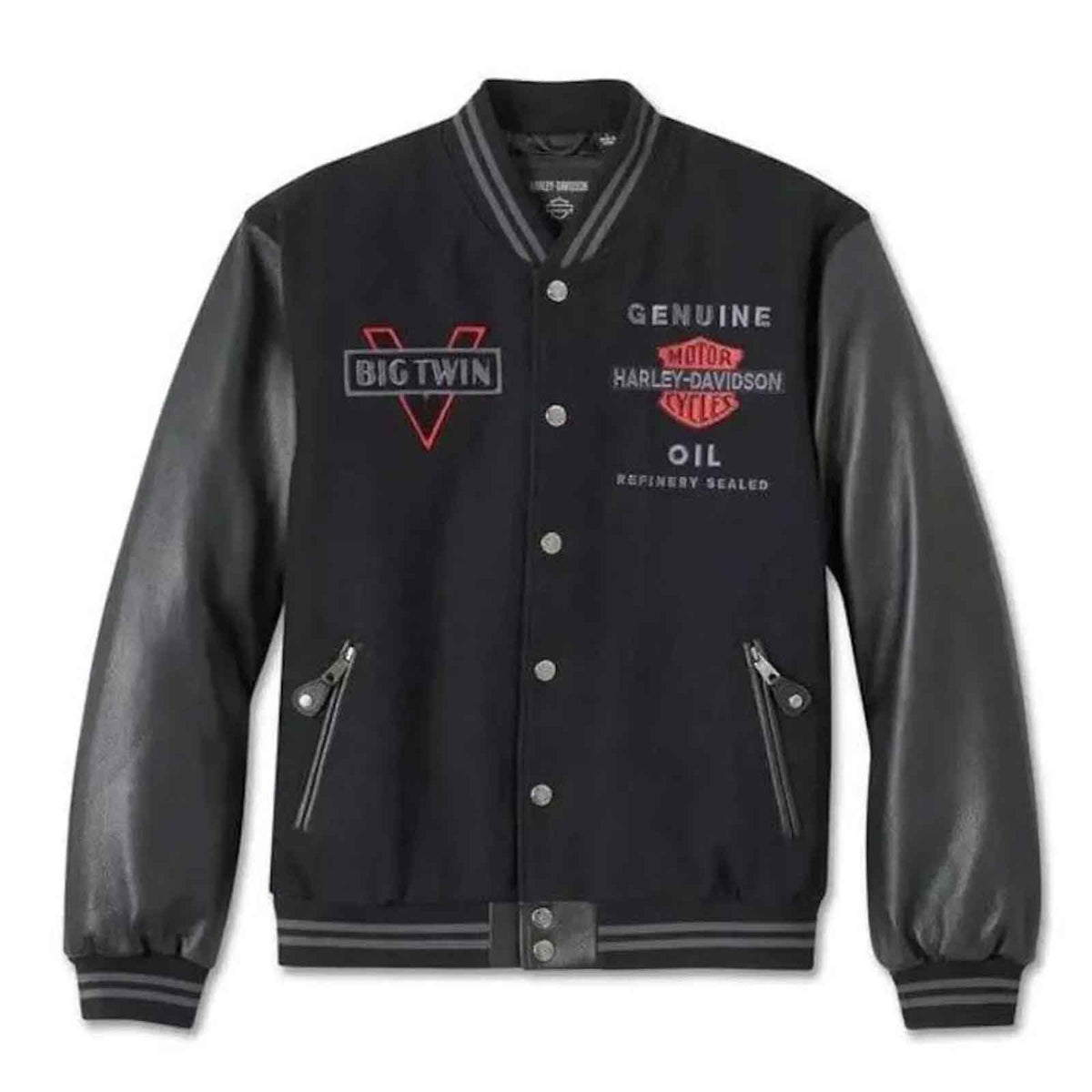 Men’s H-D Motorcycle Varsity Jacket – Handmade Wool Body with Cowhide Leather Sleeves | Biker Streetwear