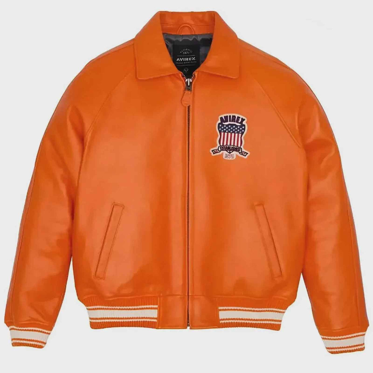 AVIREX Stylish USA Edition Orange Leather Bomber Jacket – Genuine Cowsoft Leather Streetwear Jacket for Daily Wear