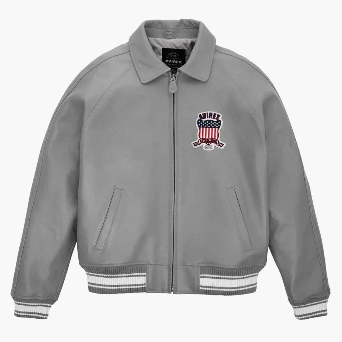 Avirex USA Men’s Gray Bomber Leather Jacket – Genuine Cowhide Varsity Biker Streetwear, Perfect Gift