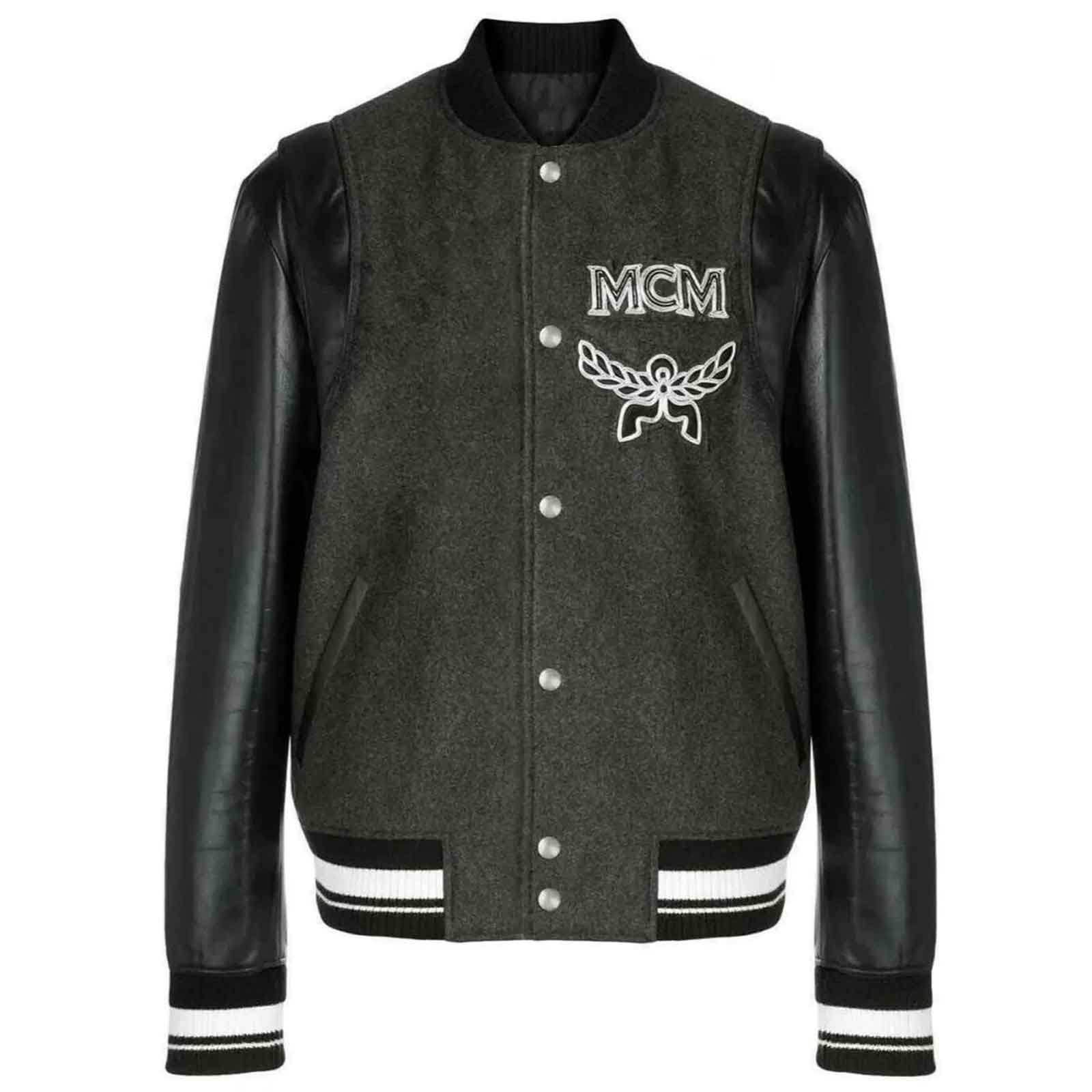 MCM Varsity Jacket Men’s Black Stadium Bomber Coat – Vintage Designer Logo Streetwear Jacket (Wool Body & Leather Sleeves)