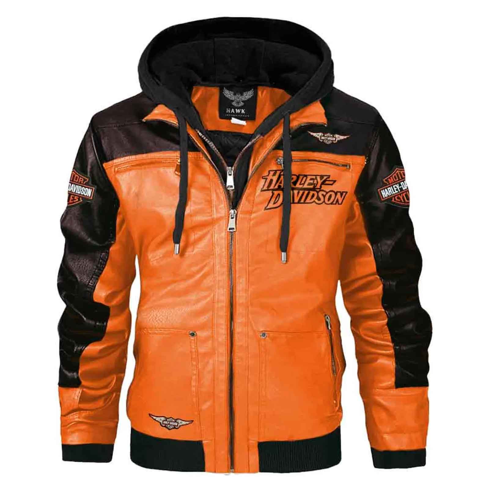 Handmade Men’s H-D Motorcycle Jacket – Genuine Cowhide Leather, Embroidery Design, Wool Hood Biker Jacket