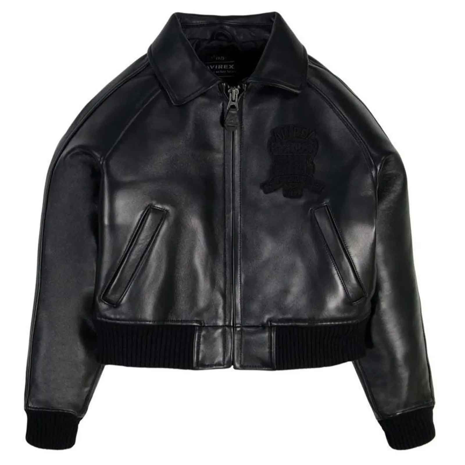 Avirex Women’s Cropped Black Leather Bomber Jacket – Genuine Cowhide Varsity Streetwear