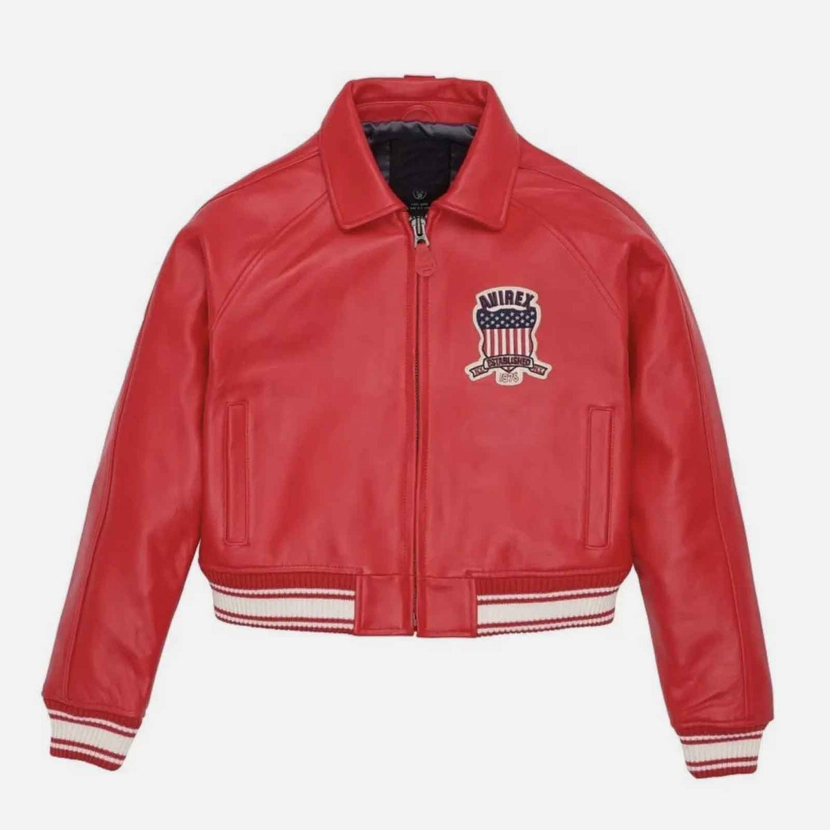 Handmade Women’s Red Leather Bomber Jacket | Avirex-Inspired Crop Varsity Jacket