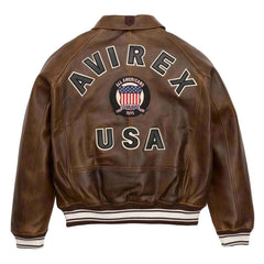 Handmade Men’s Iconic Avirex Brown Leather Bomber Jacket – Classic Aviator Style