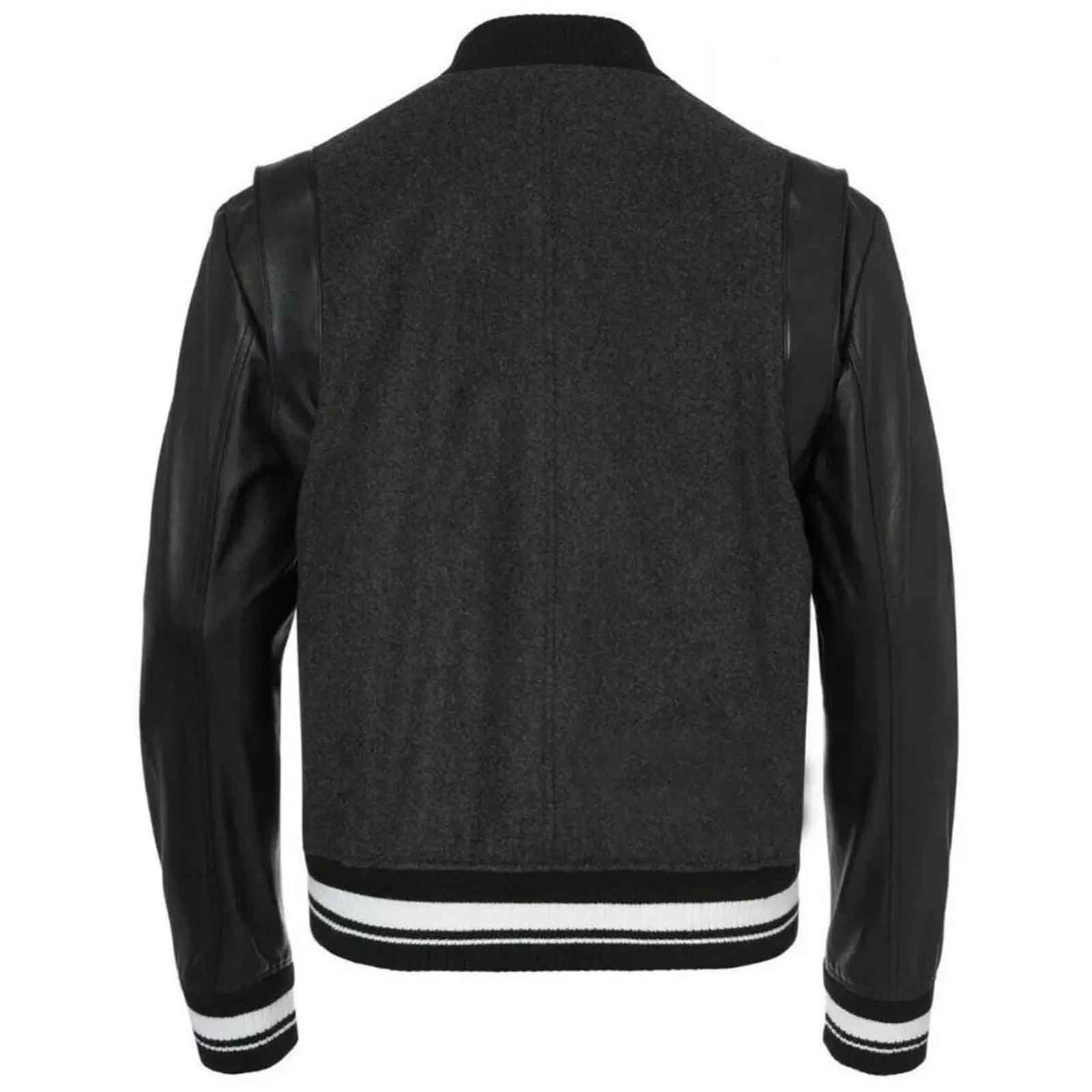 MCM Varsity Jacket Men’s Black Stadium Bomber Coat – Vintage Designer Logo Streetwear Jacket (Wool Body & Leather Sleeves)