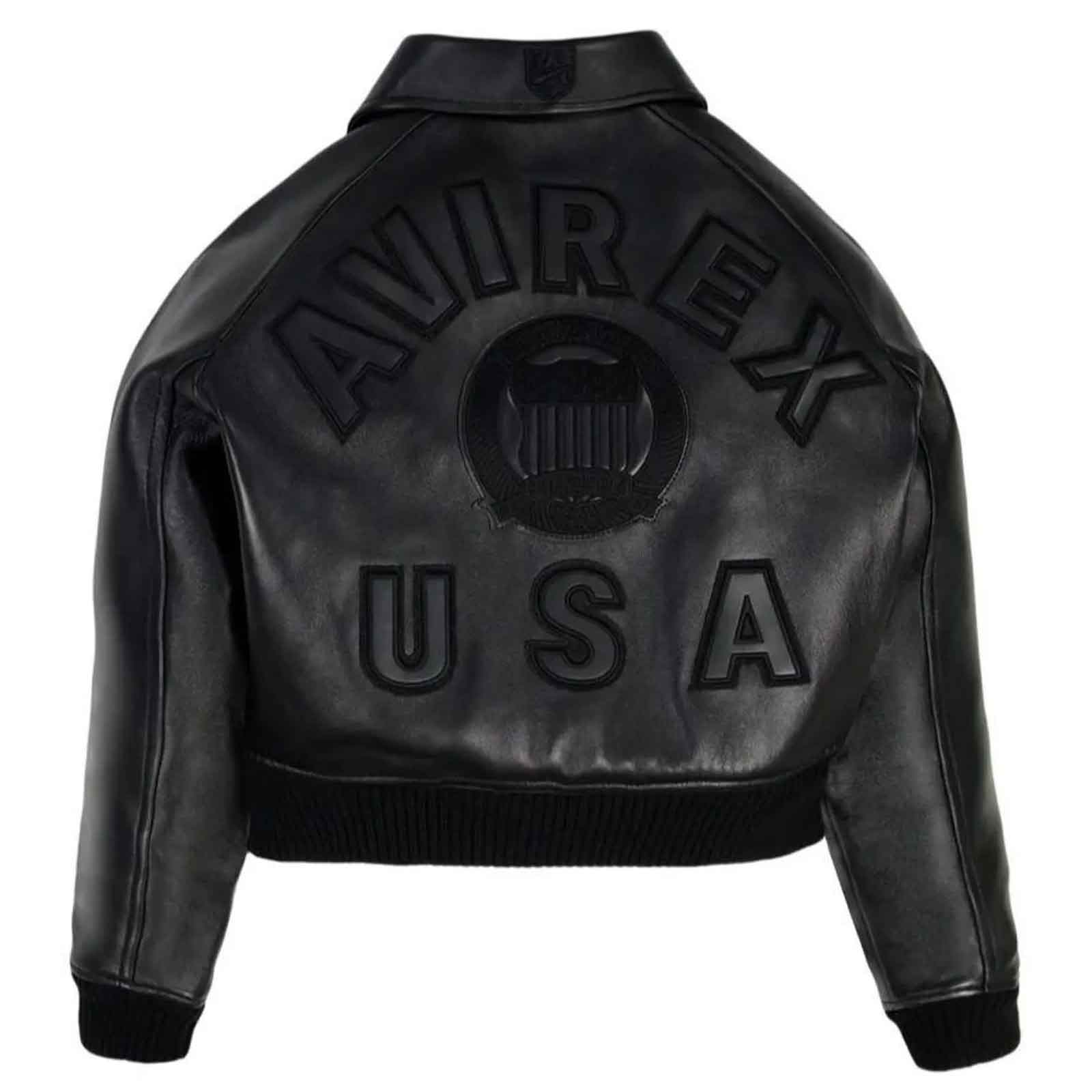 Avirex Women’s Cropped Black Leather Bomber Jacket – Genuine Cowhide Varsity Streetwear