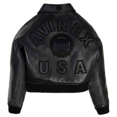 Avirex Women’s Cropped Black Leather Bomber Jacket – Genuine Cowhide Varsity Streetwear