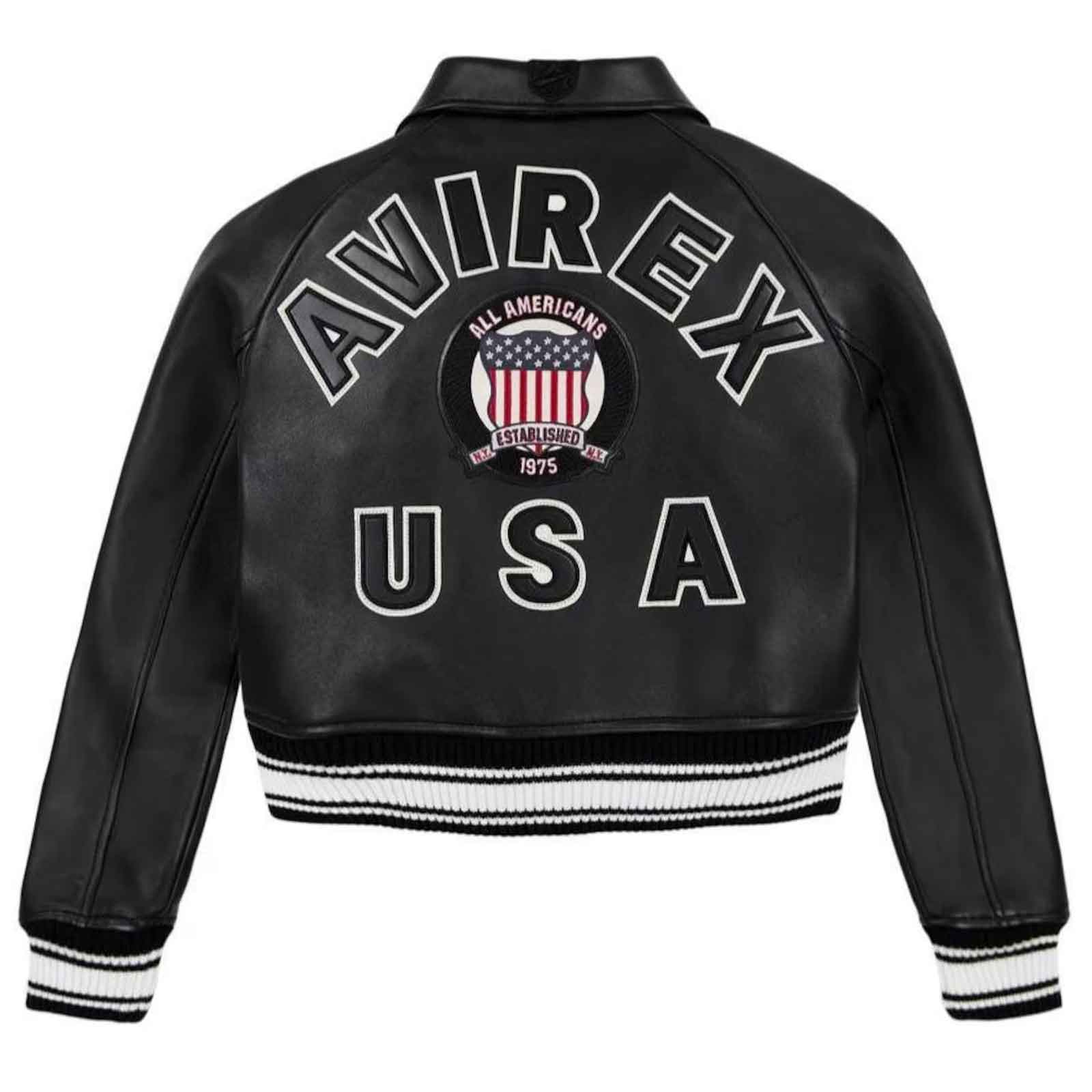 Avirex USA Cropped Icon Black Leather Jacket for Women – Genuine Cowhide Varsity Bomber Streetwear