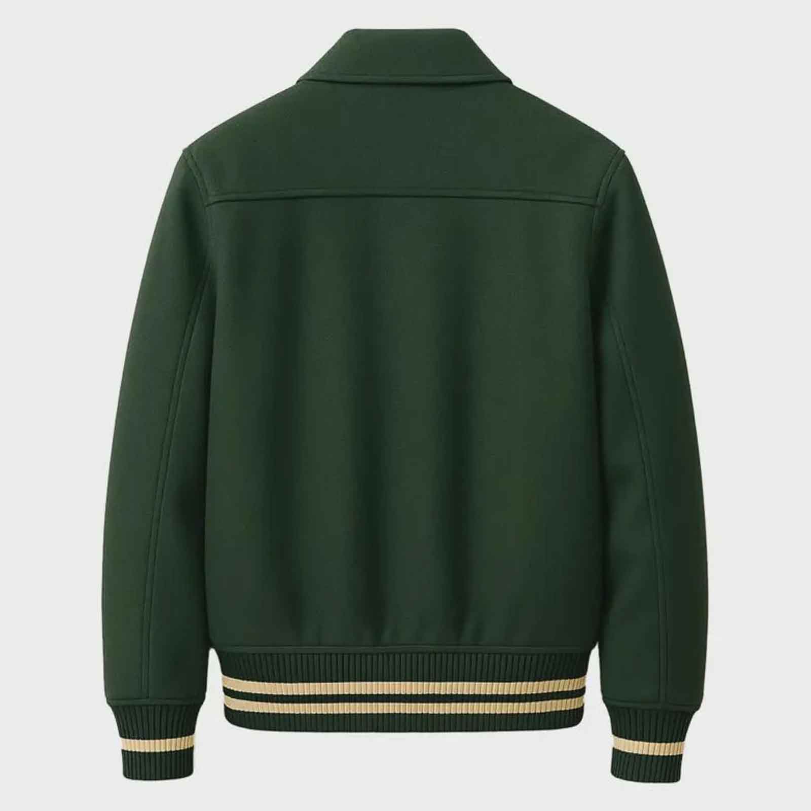 Premium Custom Wool Varsity Jacket – Green Leather Sleeves Embroidered Letterman Style Jacket