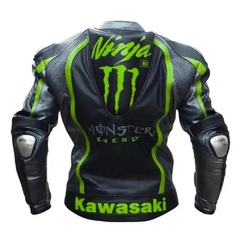 Kawasaki Black Biker Leather Jacket for Men – Racing Style CE Approved Protection