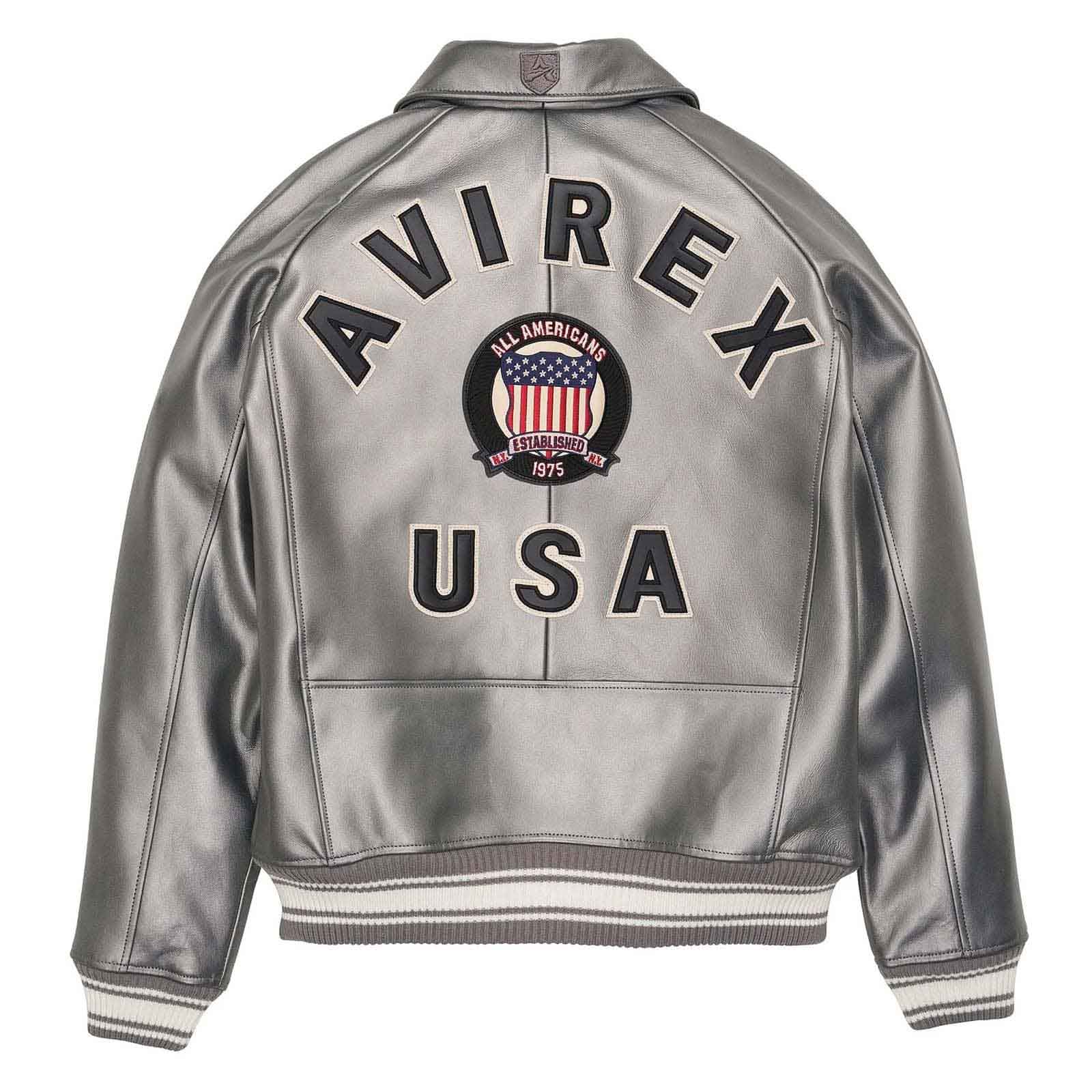 Avirex Men’s Silver Leather Bomber Jacket | Luxury Handmade Iconic Aviator Style