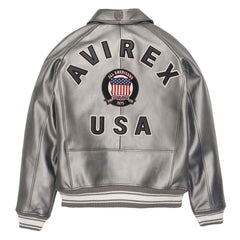 Avirex Men’s Silver Leather Bomber Jacket | Luxury Handmade Iconic Aviator Style