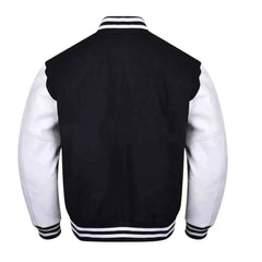 SialFit Men’s Black and White Varsity Letterman Jacket – Wool Body with Genuine Leather Sleeves