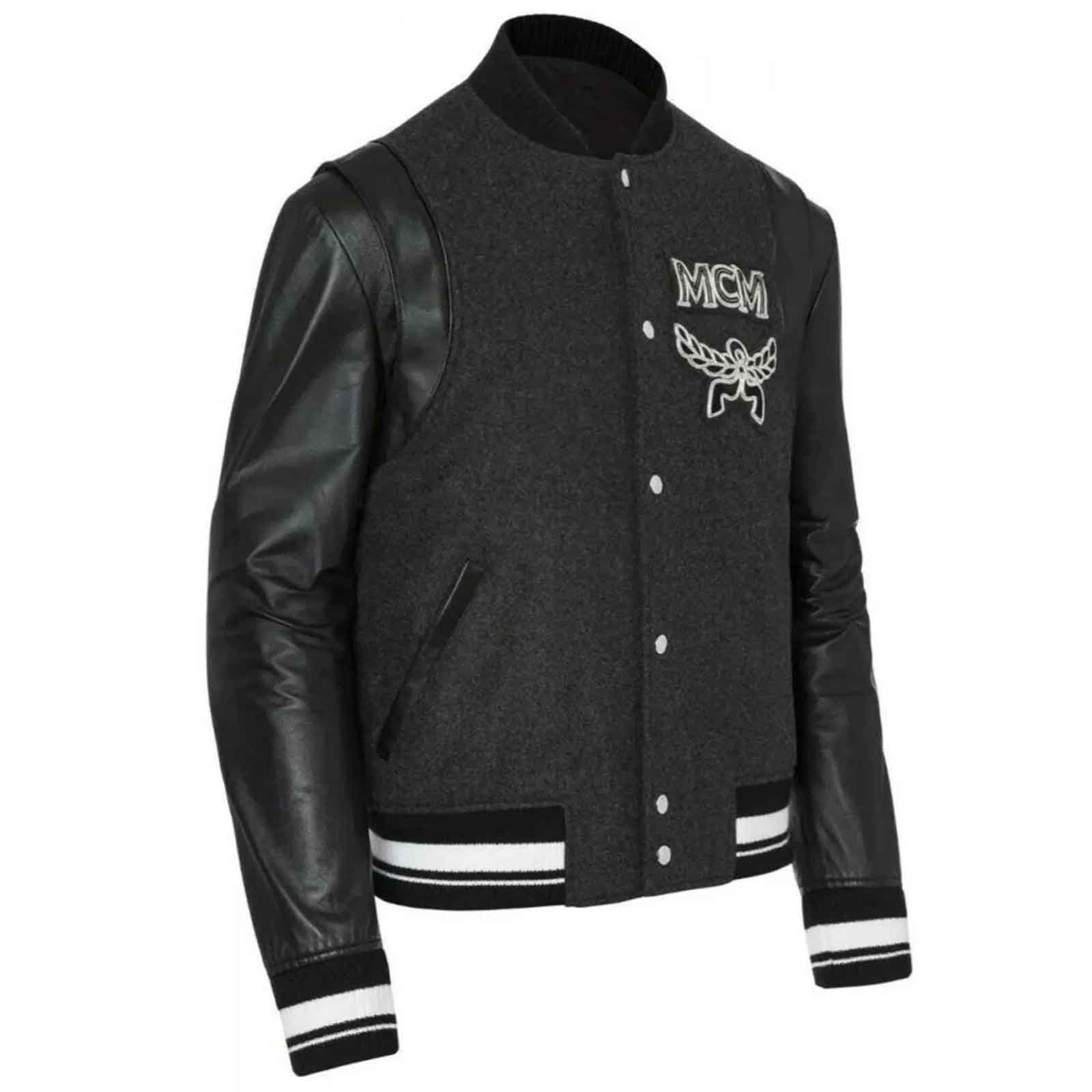 MCM Varsity Jacket Men’s Black Stadium Bomber Coat – Vintage Designer Logo Streetwear Jacket (Wool Body & Leather Sleeves)