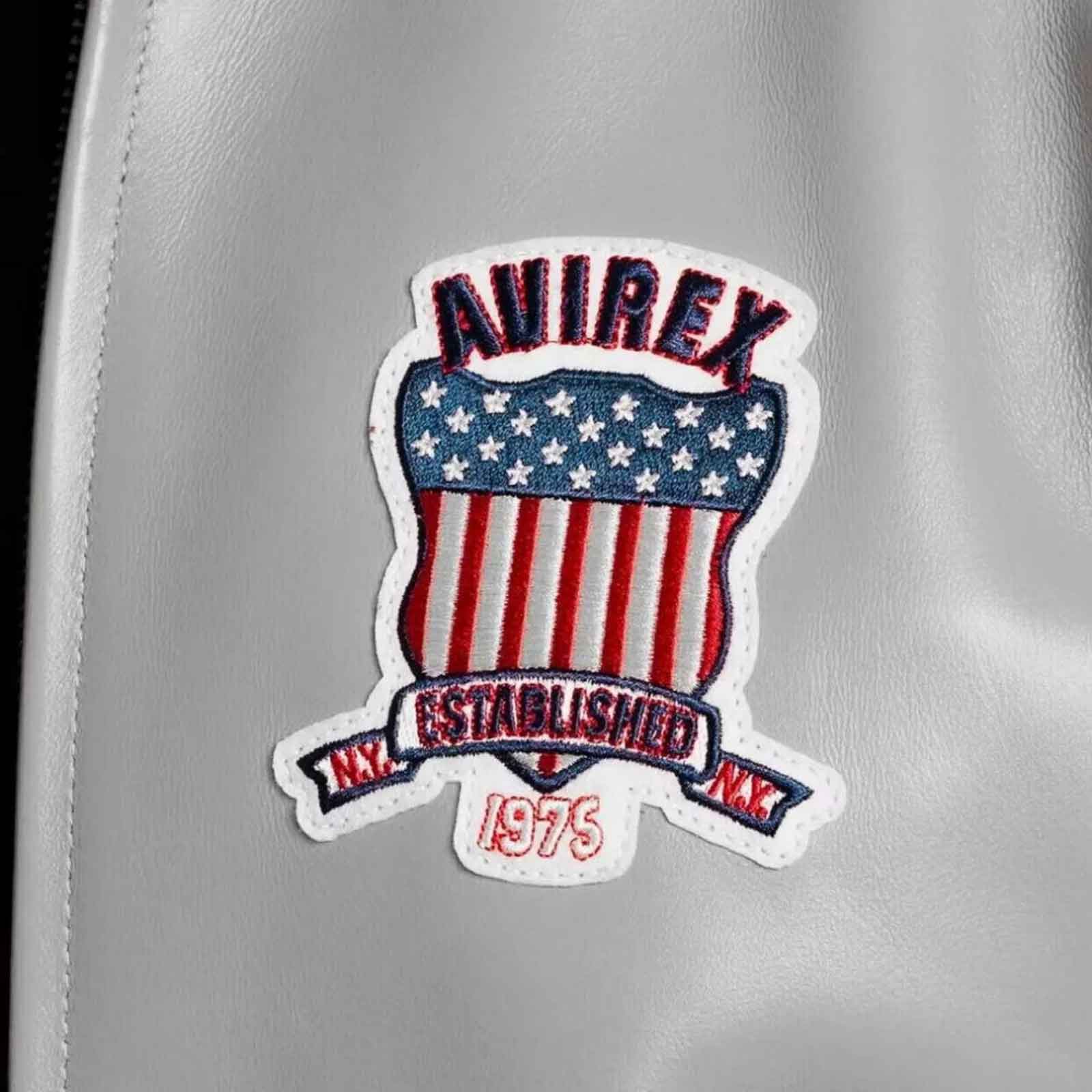 Avirex USA Men’s Gray Bomber Leather Jacket – Genuine Cowhide Varsity Biker Streetwear, Perfect Gift