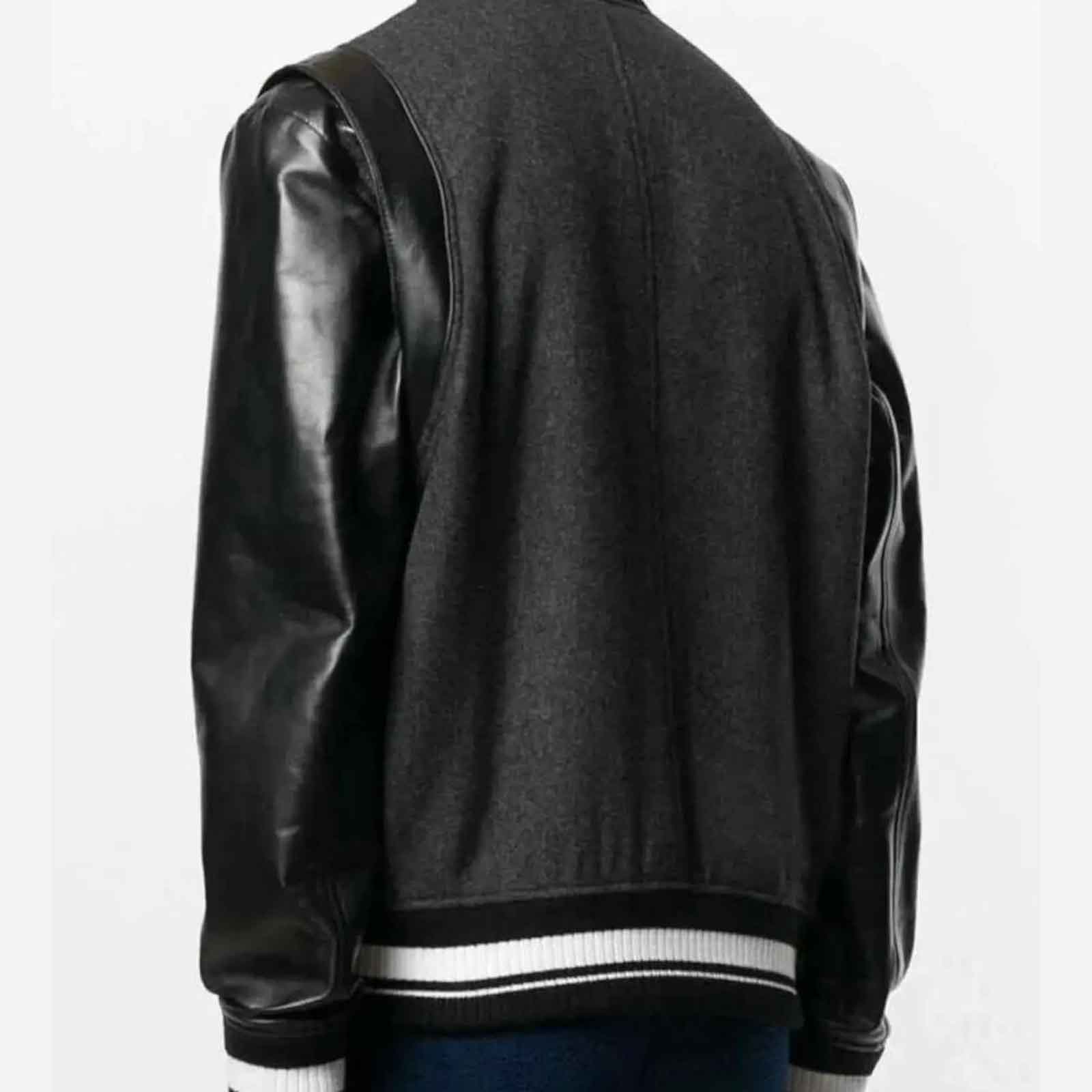 MCM Varsity Jacket Men’s Black Stadium Bomber Coat – Vintage Designer Logo Streetwear Jacket (Wool Body & Leather Sleeves)