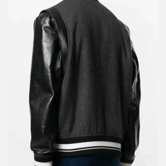 MCM Varsity Jacket Men’s Black Stadium Bomber Coat – Vintage Designer Logo Streetwear Jacket (Wool Body & Leather Sleeves)