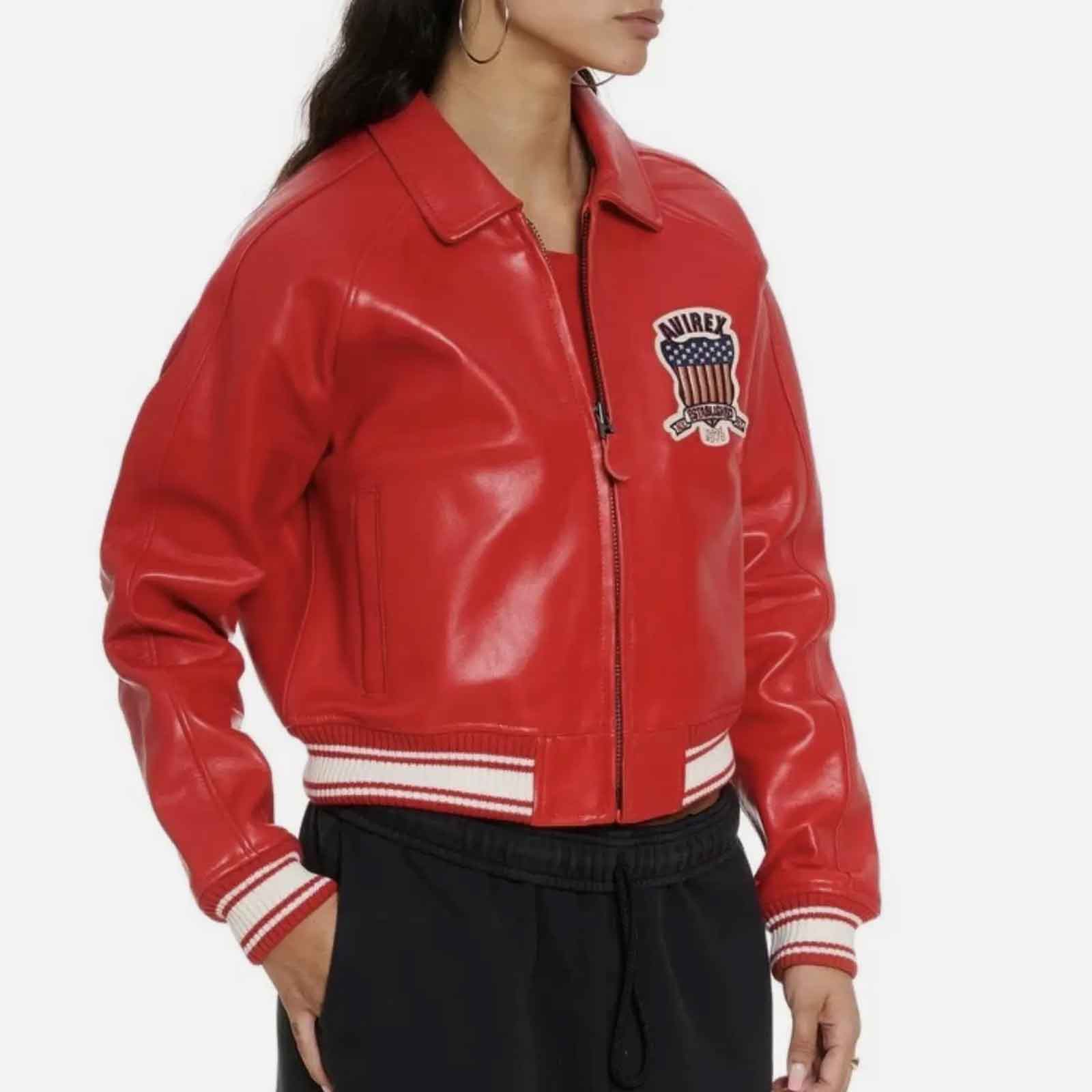 Handmade Women’s Red Leather Bomber Jacket | Avirex-Inspired Crop Varsity Jacket