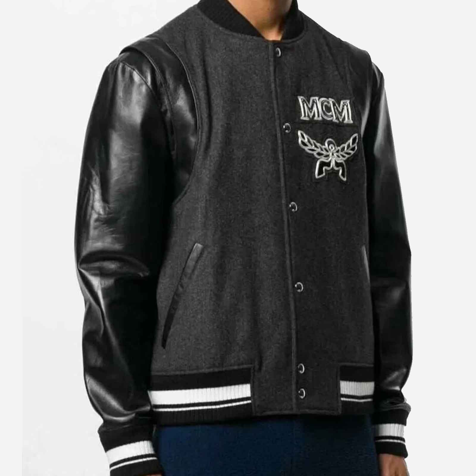 MCM Varsity Jacket Men’s Black Stadium Bomber Coat – Vintage Designer Logo Streetwear Jacket (Wool Body & Leather Sleeves)