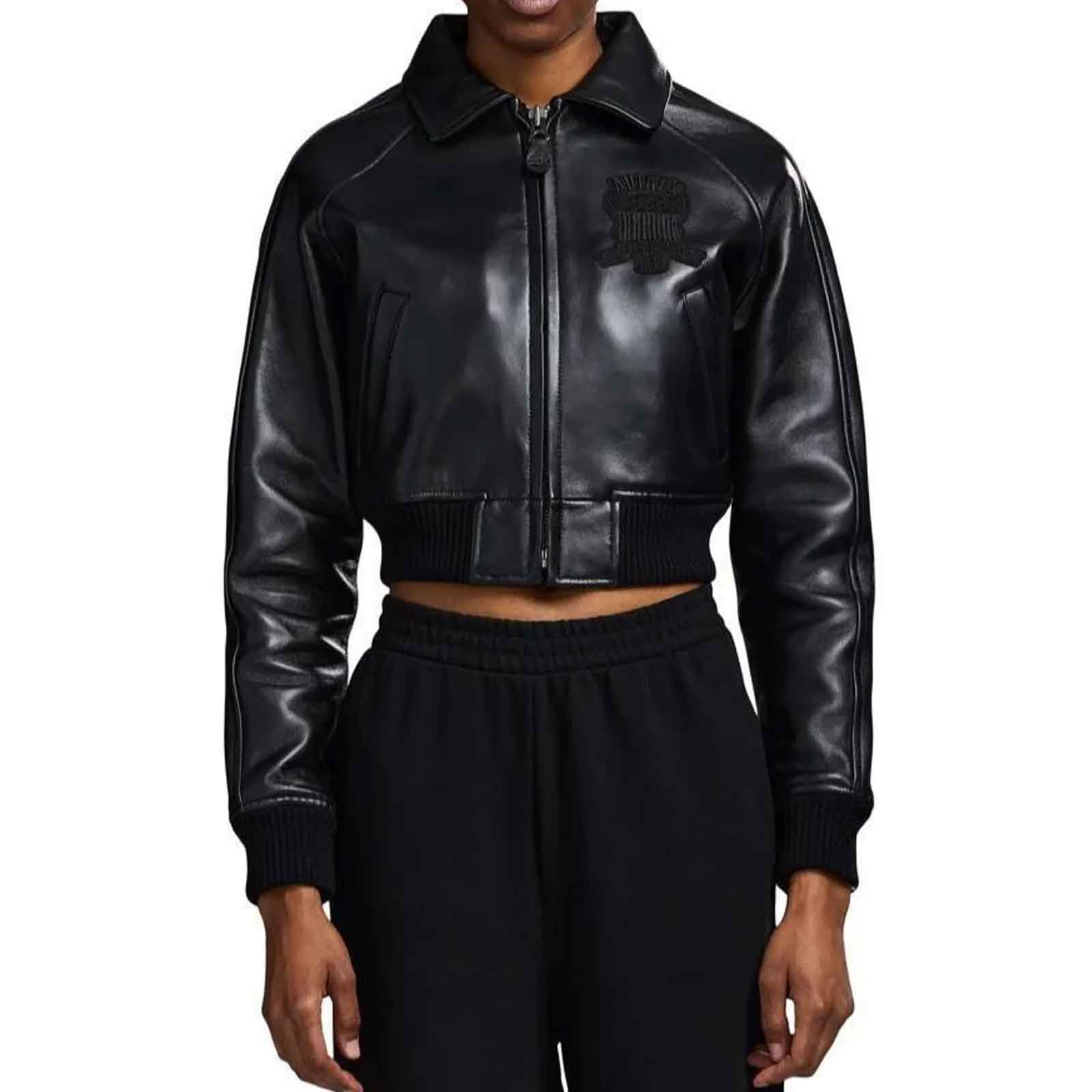 Avirex Women’s Cropped Black Leather Bomber Jacket – Genuine Cowhide Varsity Streetwear
