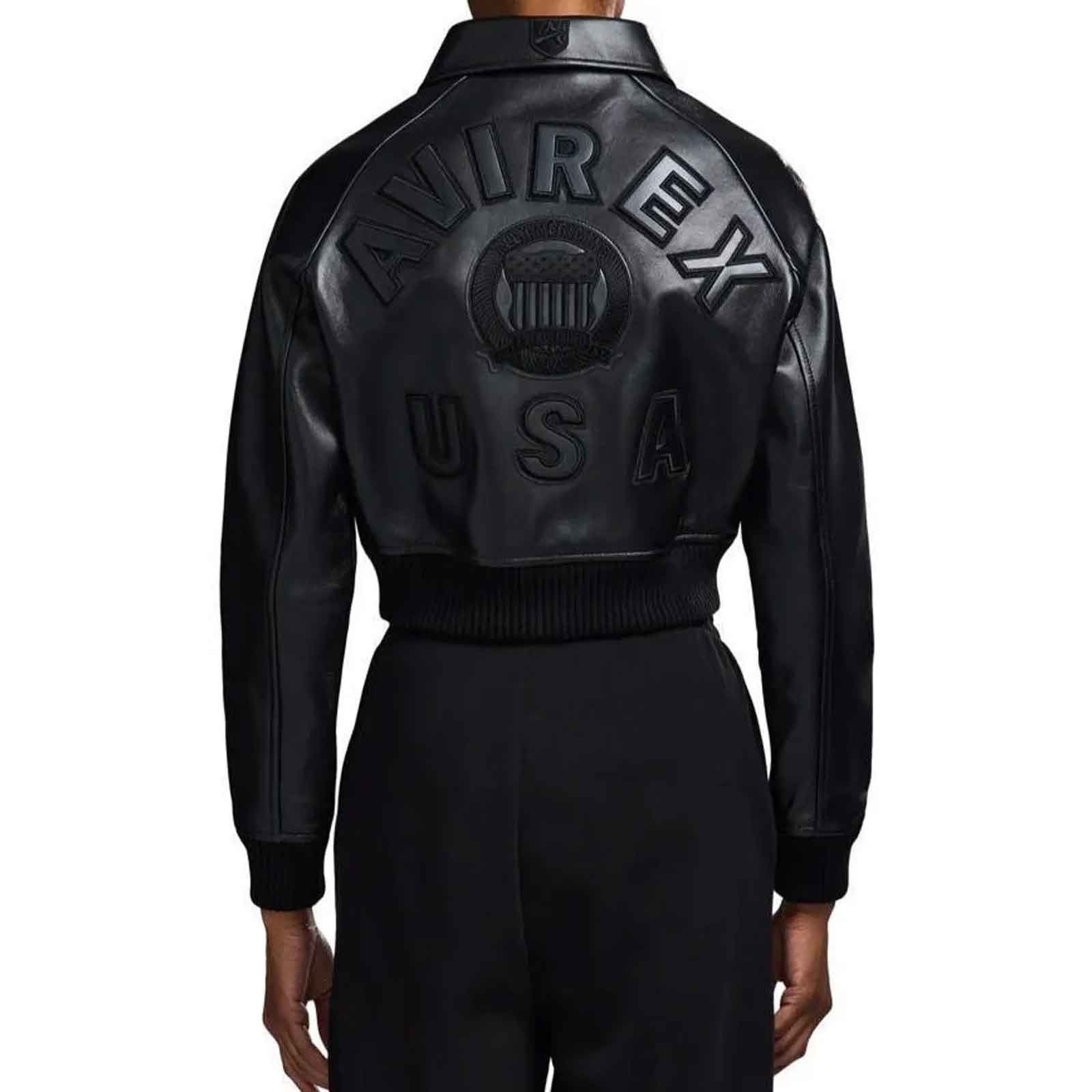 Avirex Women’s Cropped Black Leather Bomber Jacket – Genuine Cowhide Varsity Streetwear