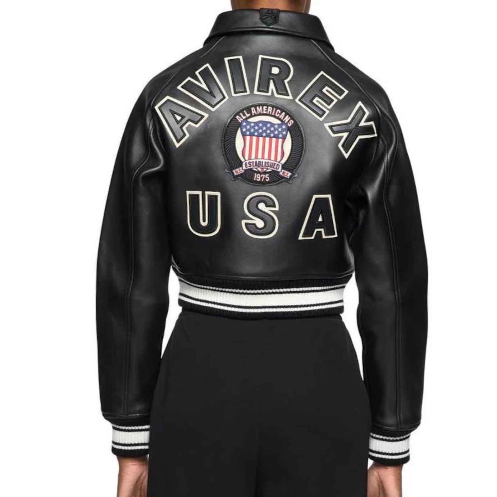 Avirex USA Cropped Icon Black Leather Jacket for Women – Genuine Cowhide Varsity Bomber Streetwear