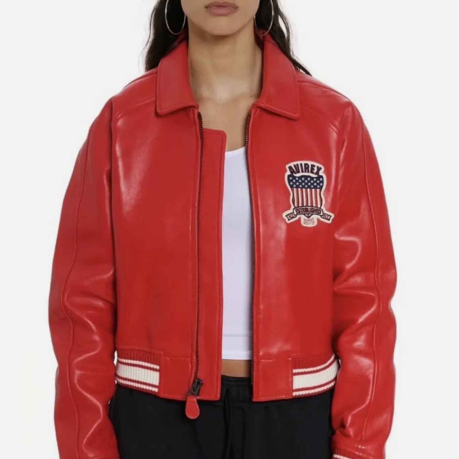 Handmade Women’s Red Leather Bomber Jacket | Avirex-Inspired Crop Varsity Jacket